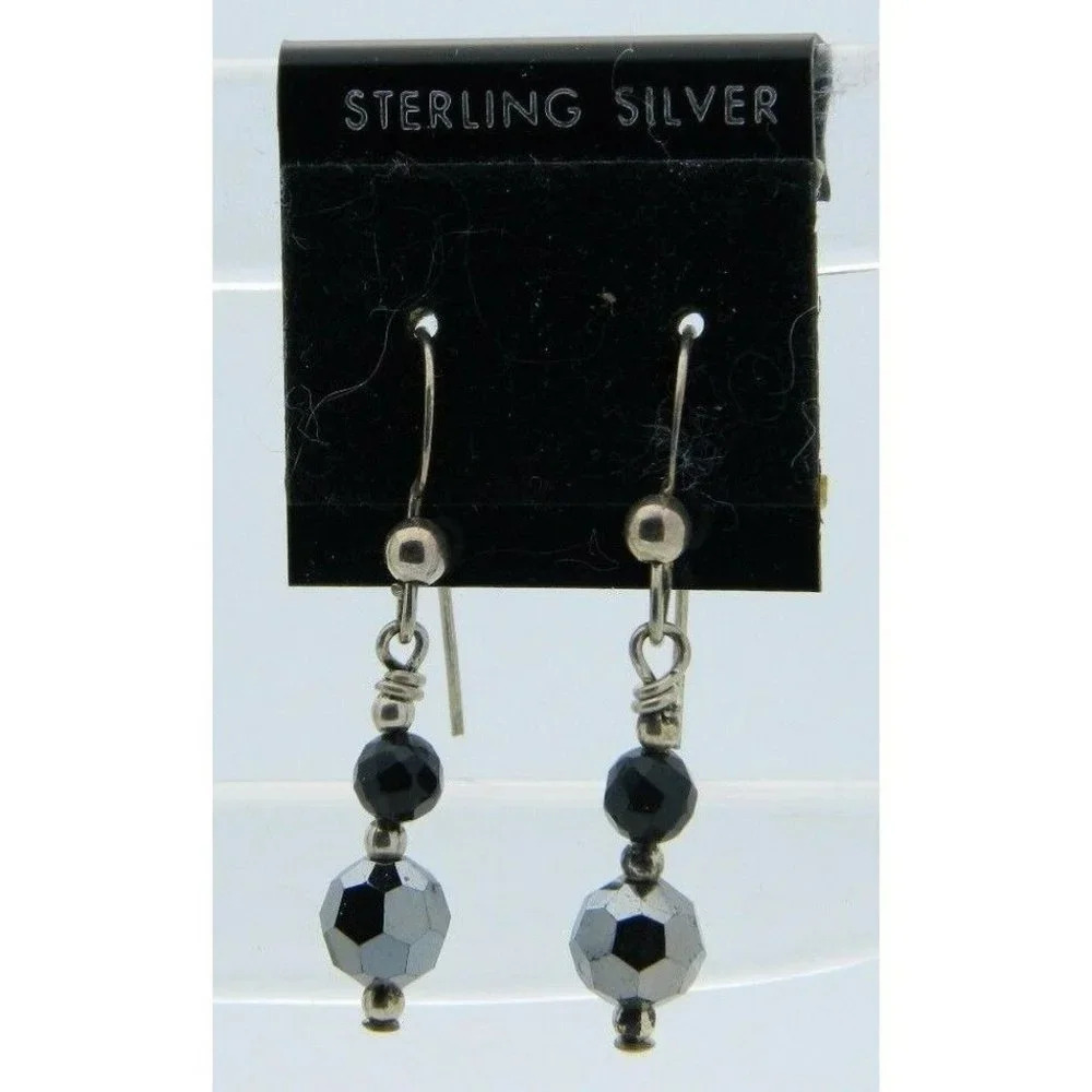 NOS Sterling Silver Faceted Hematite Black Onyx Bead Dangle Earrings
